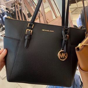 Michael Kors purse Charlotte Large Top Zip Shoulder Tote Bag Black TZ Leather